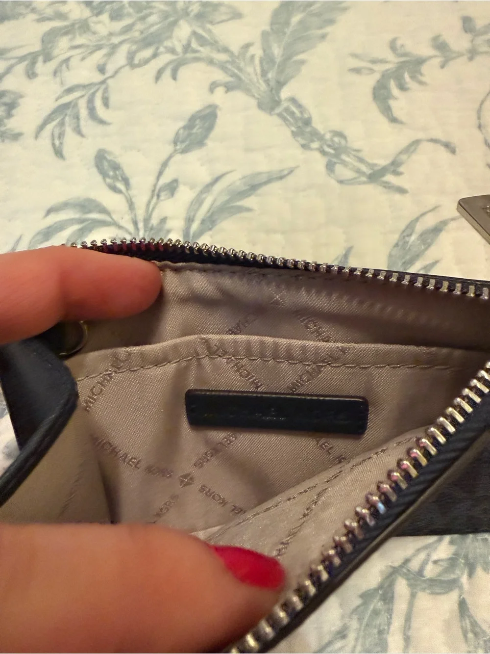 Michael Kors Navy Monogram Card Holder with silver tone purse charm